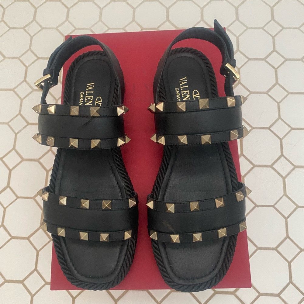 Valentino Black Sandals with Gold Studs